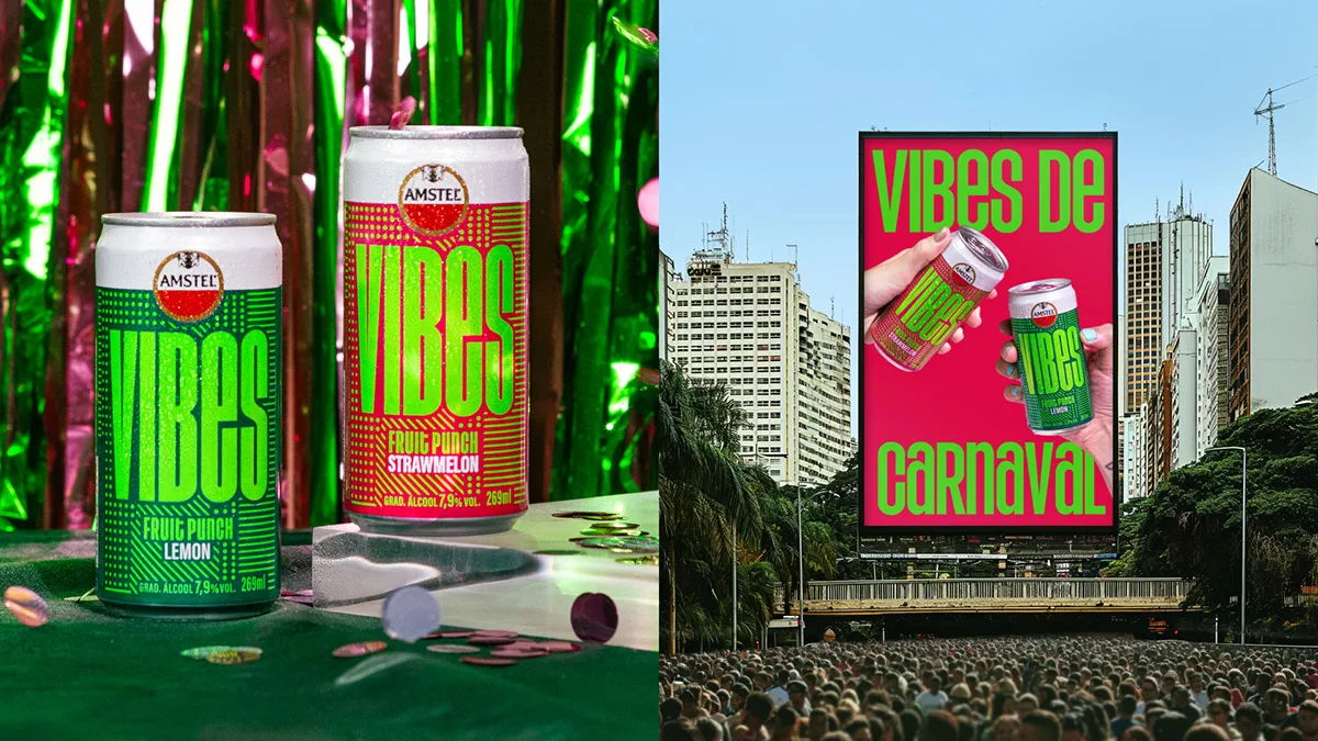 Due lattine Amstel Vibes Lemon e Strawmelon davanti a sfondo festoso, cartellone "Vibes de Carnaval" in città
