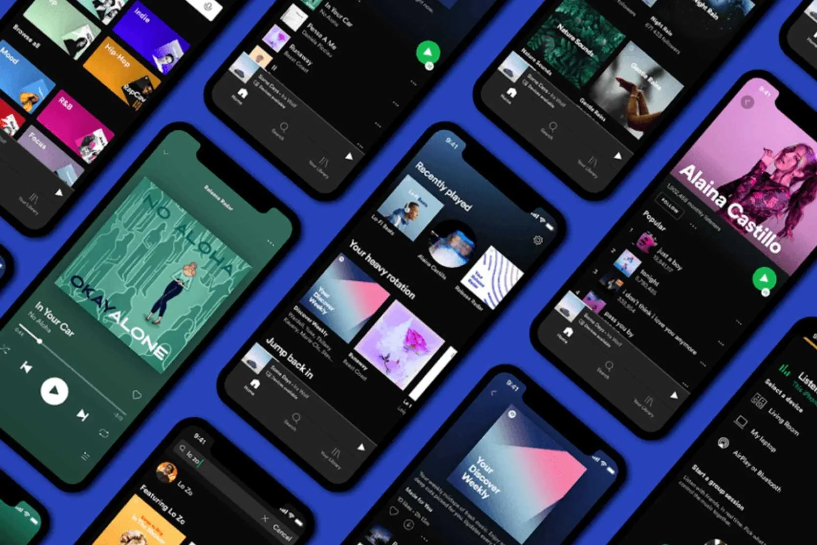 Schermate dell’app Spotify con playlist, album e suggerimenti personalizzati su smartphone