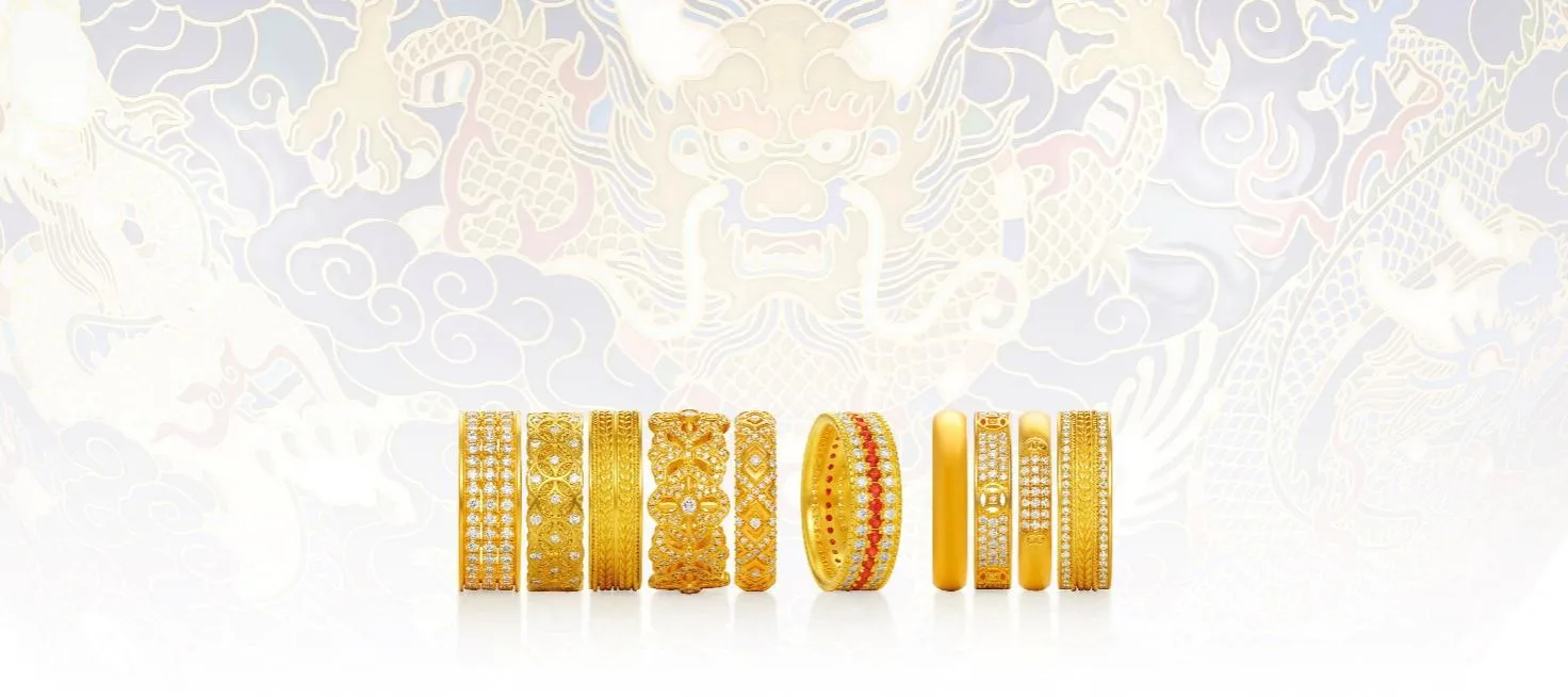 Immagine di marketing del lusso con serie di anelli Laopu Gold e dragone sullo sfondo