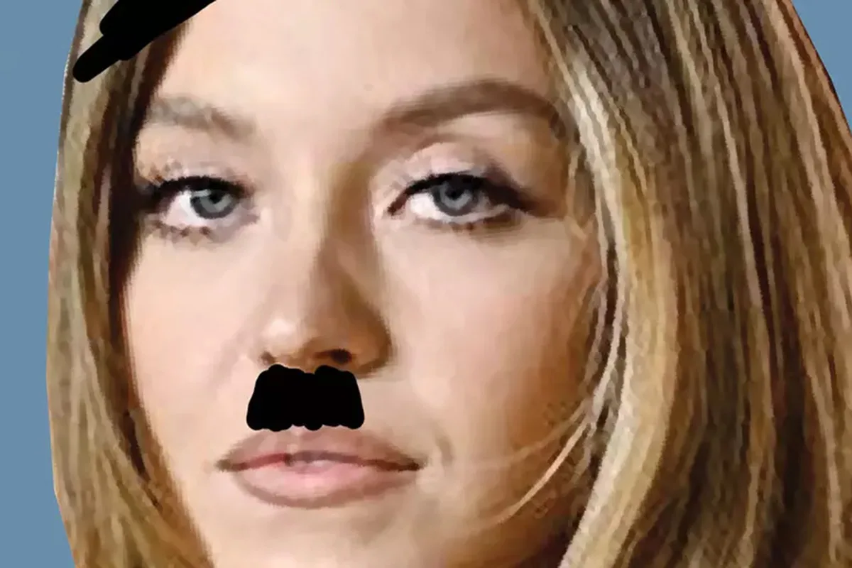 Meme di Sydney Sweeney con i baffetti di Hitler