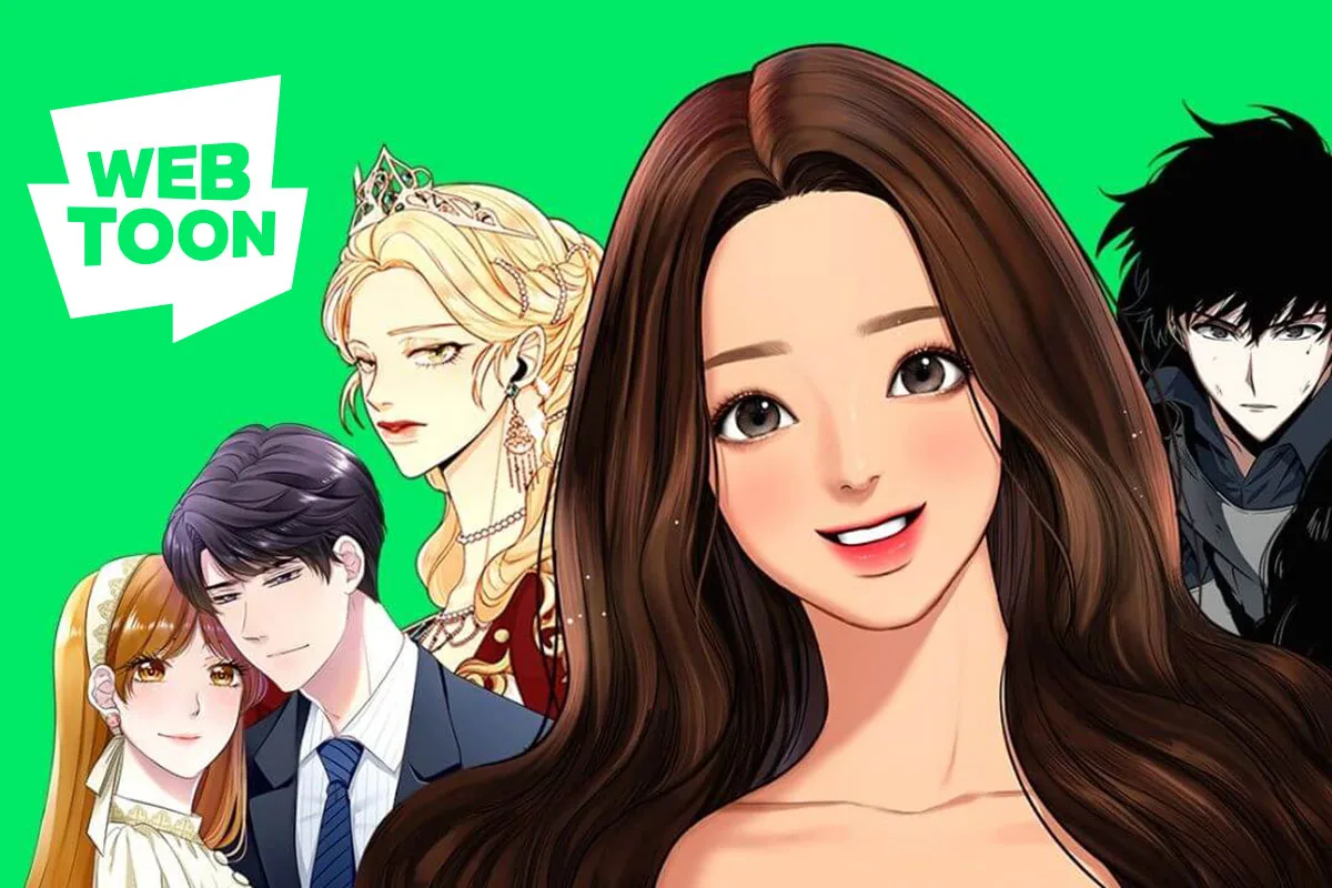 Personaggi webtoon colorati su sfondo verde con logo ufficiale Webtoon