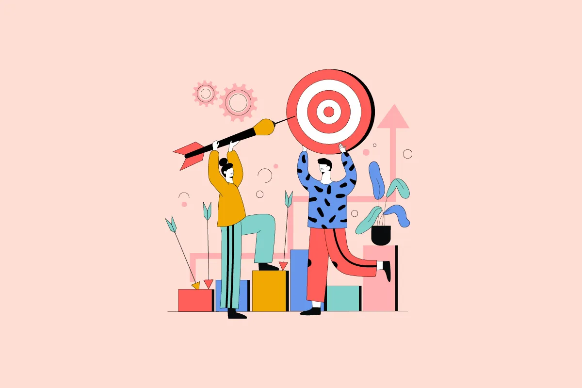 Due persone con freccia e bersaglio simbolo di successo e strategia di brand positioning.