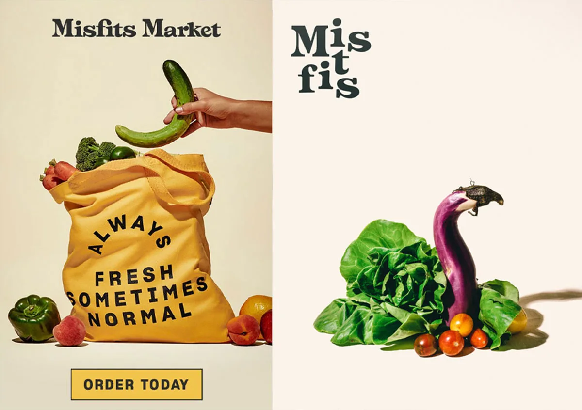 Campagne pubblicitarie con frutta e verdure imperfette Misfits Market
