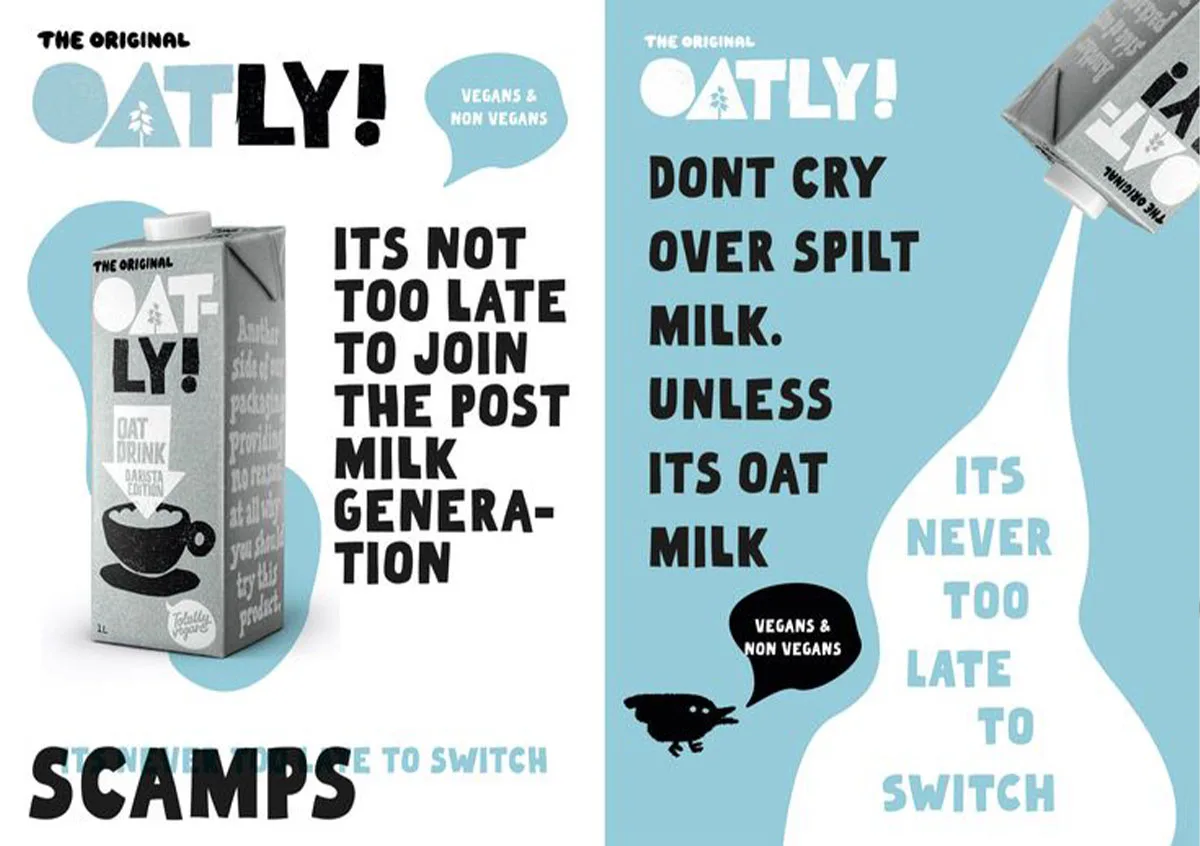 Campagna marketing anti spreco Oatly con cartoni di latte d’avena e slogan: It's never too late to switch