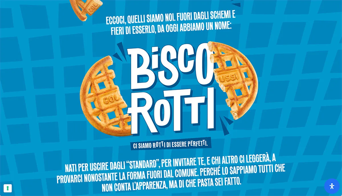 Visual con biscotti rotti Colussi e slogan: ci siamo rotti di essere perfetti.