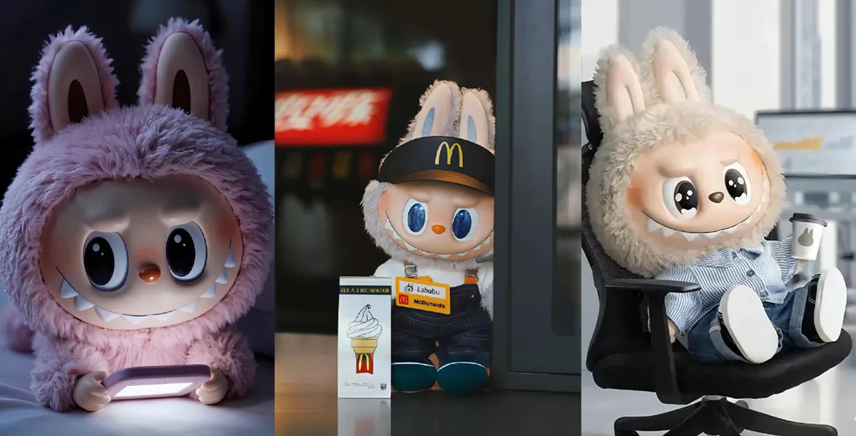 Labubu in tre scene umane: messaggia a letto, beve caffè in ufficio e lavora da McDonald’s