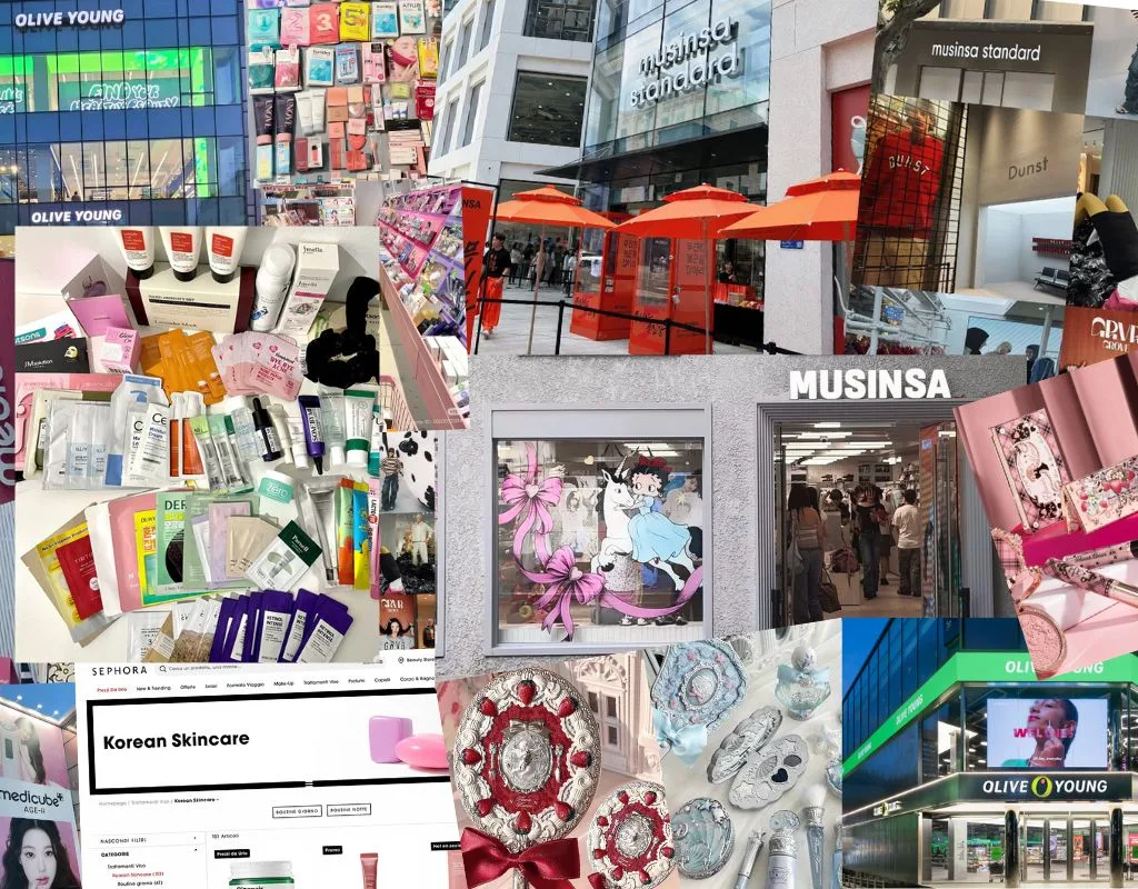 Collage sul K-beauty in Cina con store Olive Young, Musinsa, prodotti cosmetici e beauty-tech.