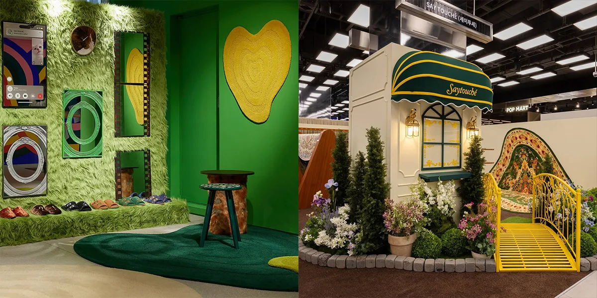 Pop-up store Say Touché a Seoul con arredi verdi, specchi sagomati e un chiosco scenografico allestito con fiori.