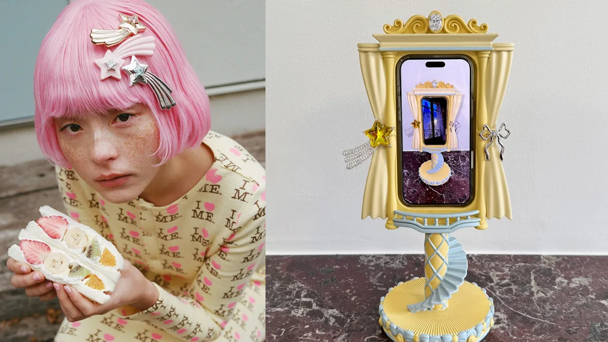 Modella con fermaglio a stella e supporto smartphone decorativo della collaborazione Ashley Williams e il brand di gioielli cinese Yvmin.
