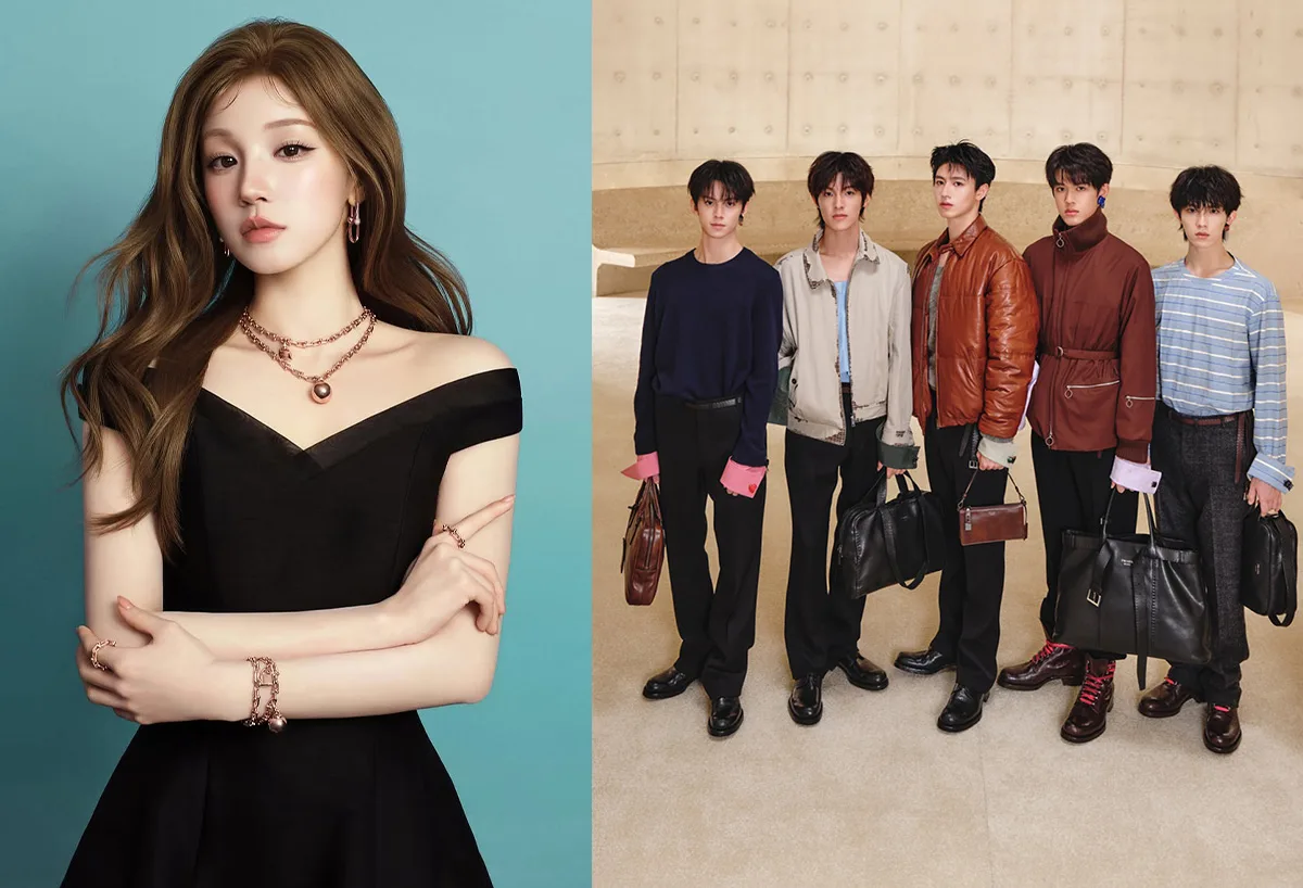 A sinistra Yuqi posa per Tiffany & Co. con gioielli in oro; a destra i cinque membri di Transform Project per Prada.