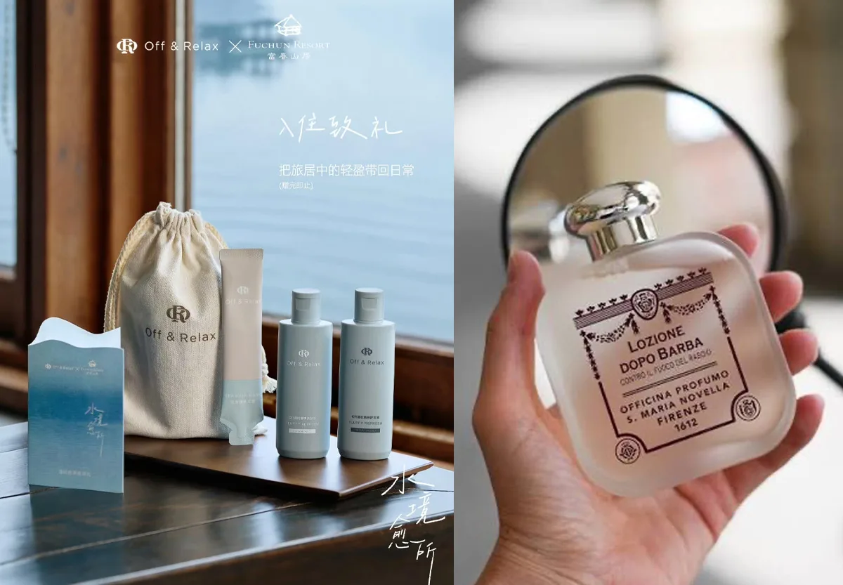 Amenities Off & Relax e Lozione Dopo Barba Officina Profumo-Farmaceutica di Santa Maria Novella Kit di benvenuto Off & Relax e flacone di lozione dopobarba Officina Profumo-Farmaceutica di Santa Maria Novella.