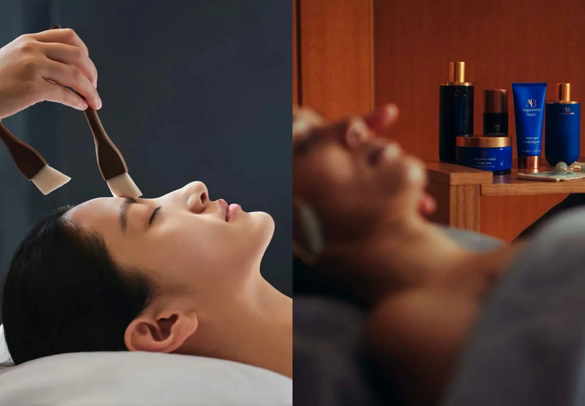 Trattamento viso Guerlain e Augustinus Bader. Trattamenti viso spa con pennelli Guerlain a sinistra con prodotti skincare Augustinus Bader destra.