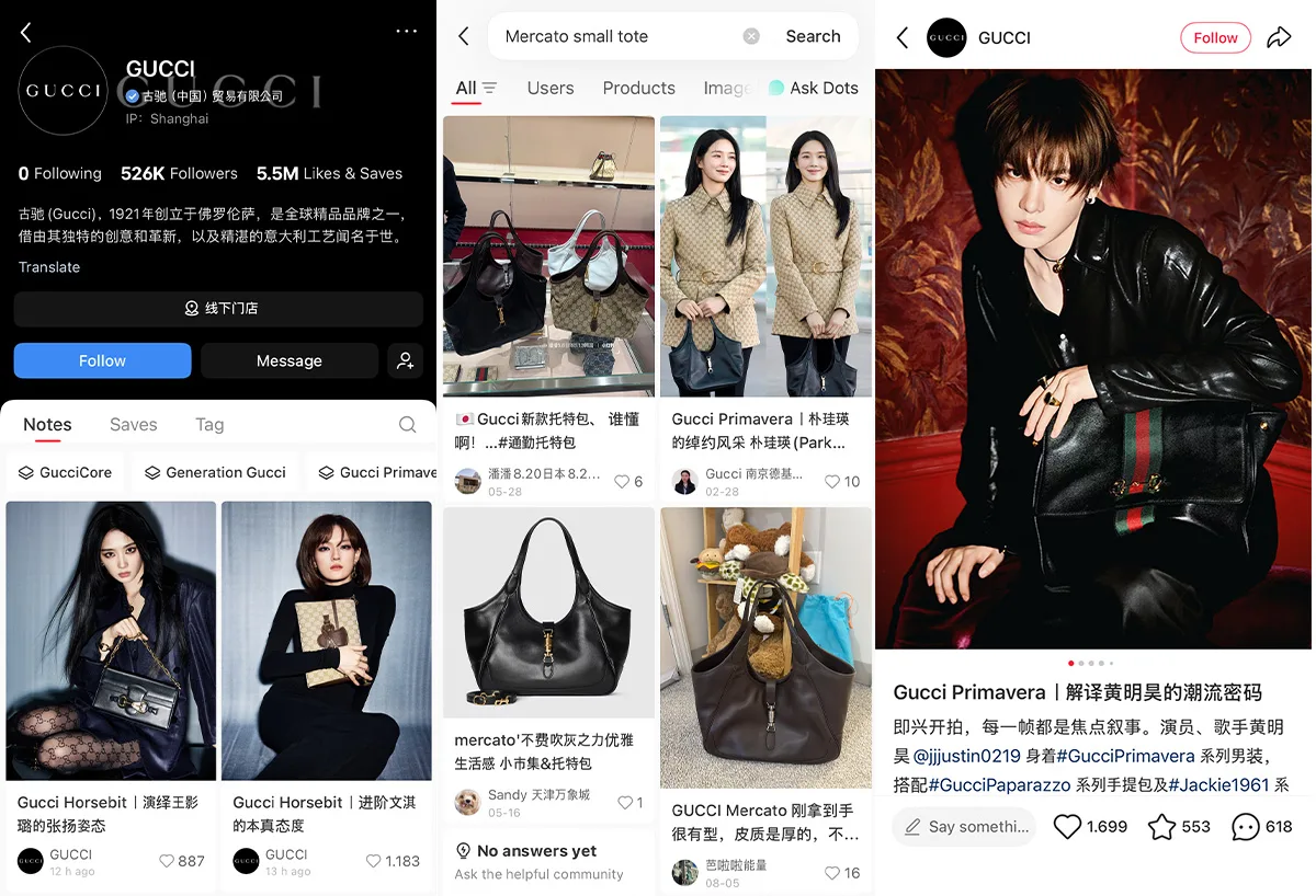 Schermata dell'app Xiaohongshu che mostra post su borse Gucci, incluso il modello Mercato e la celebrity Xiao Zhan.