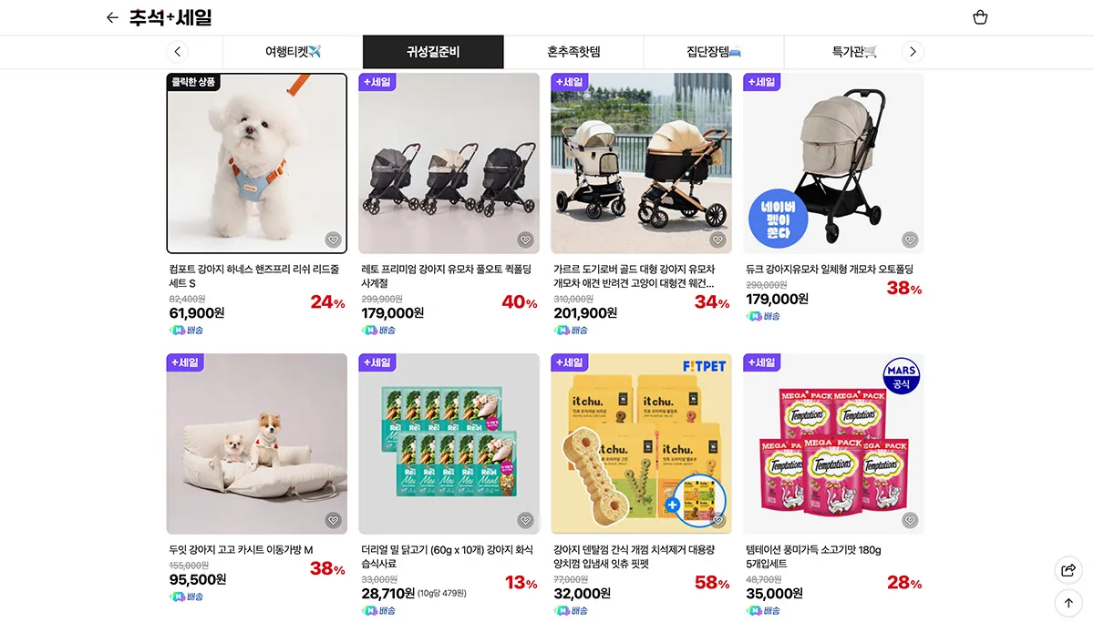 Griglia prodotti pet in promo su Naver SmartStore con passeggini, snack e badge di sconto in coreano.