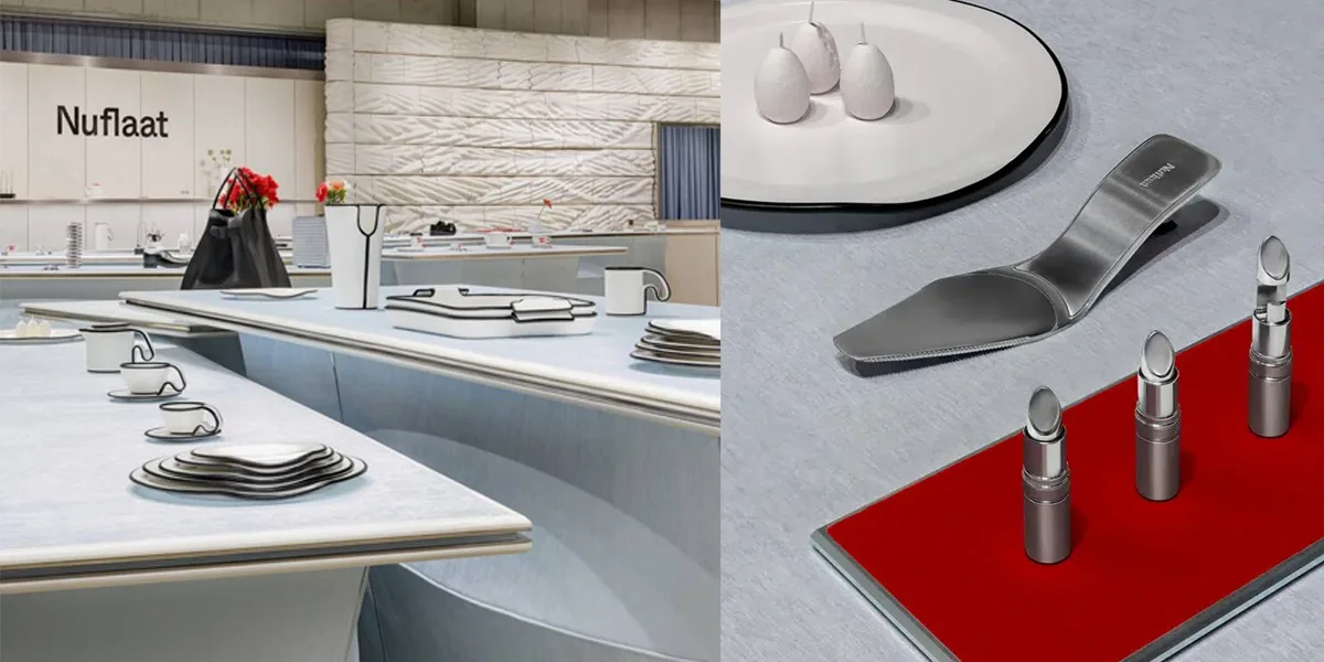 Showroom Nuflaat con tavoli da esposizione a sinistra e pala da torta a forma di scarpa con oggetti rossetto a destra.