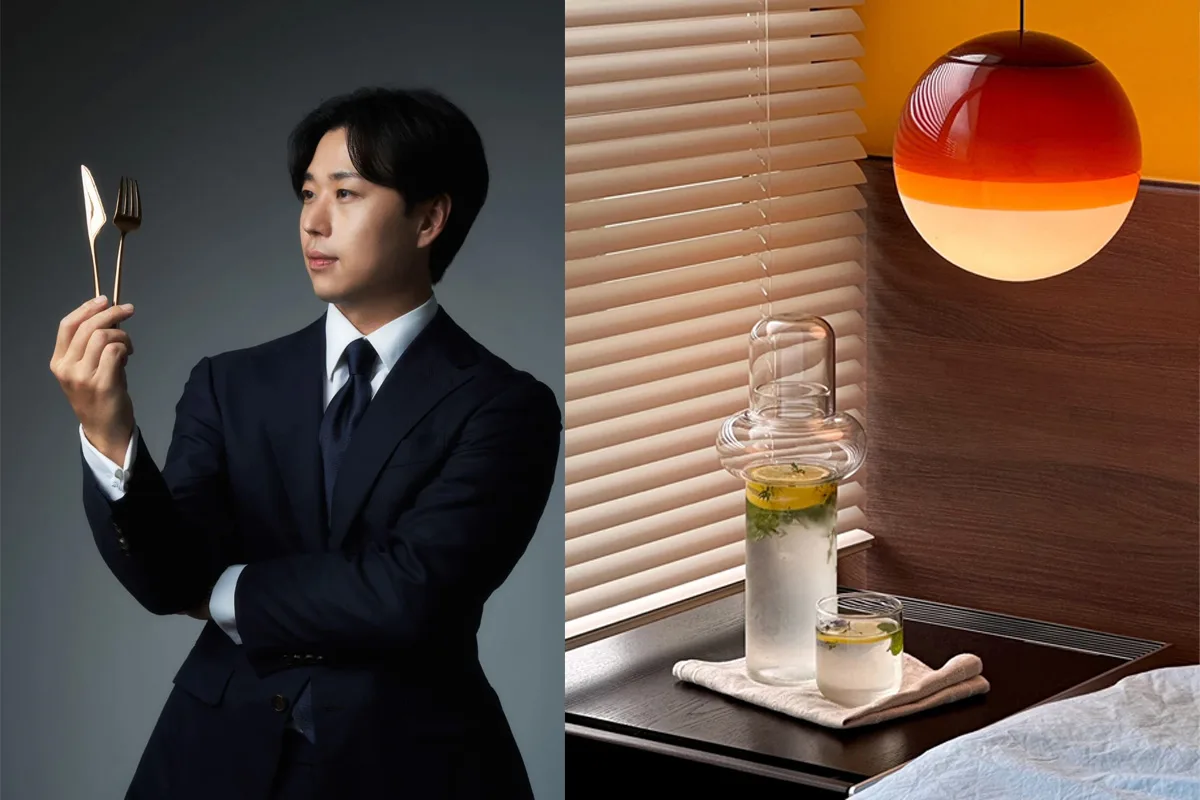 CEO di Seoul Bund con posate di design a sinistra e caraffa in vetro con lampada sferica a destra.