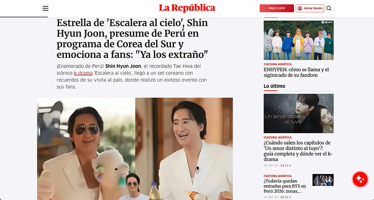 Articolo di La República su Shin Hyun-joon in abito bianco con lama peluche souvenir del Perù
