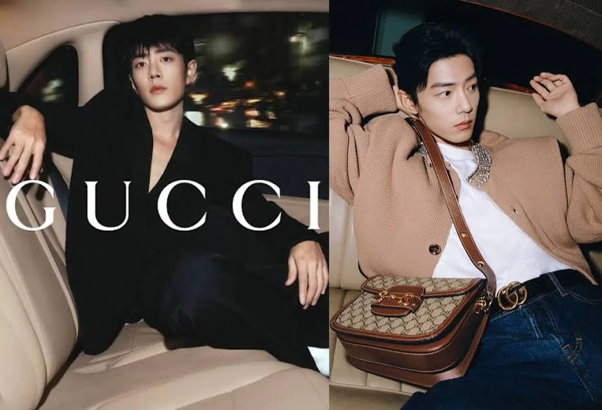 L'attore Xiao Zhan posa in auto per Gucci: a sinistra in abito nero, a destra con cardigan beige e borsa a tracolla.