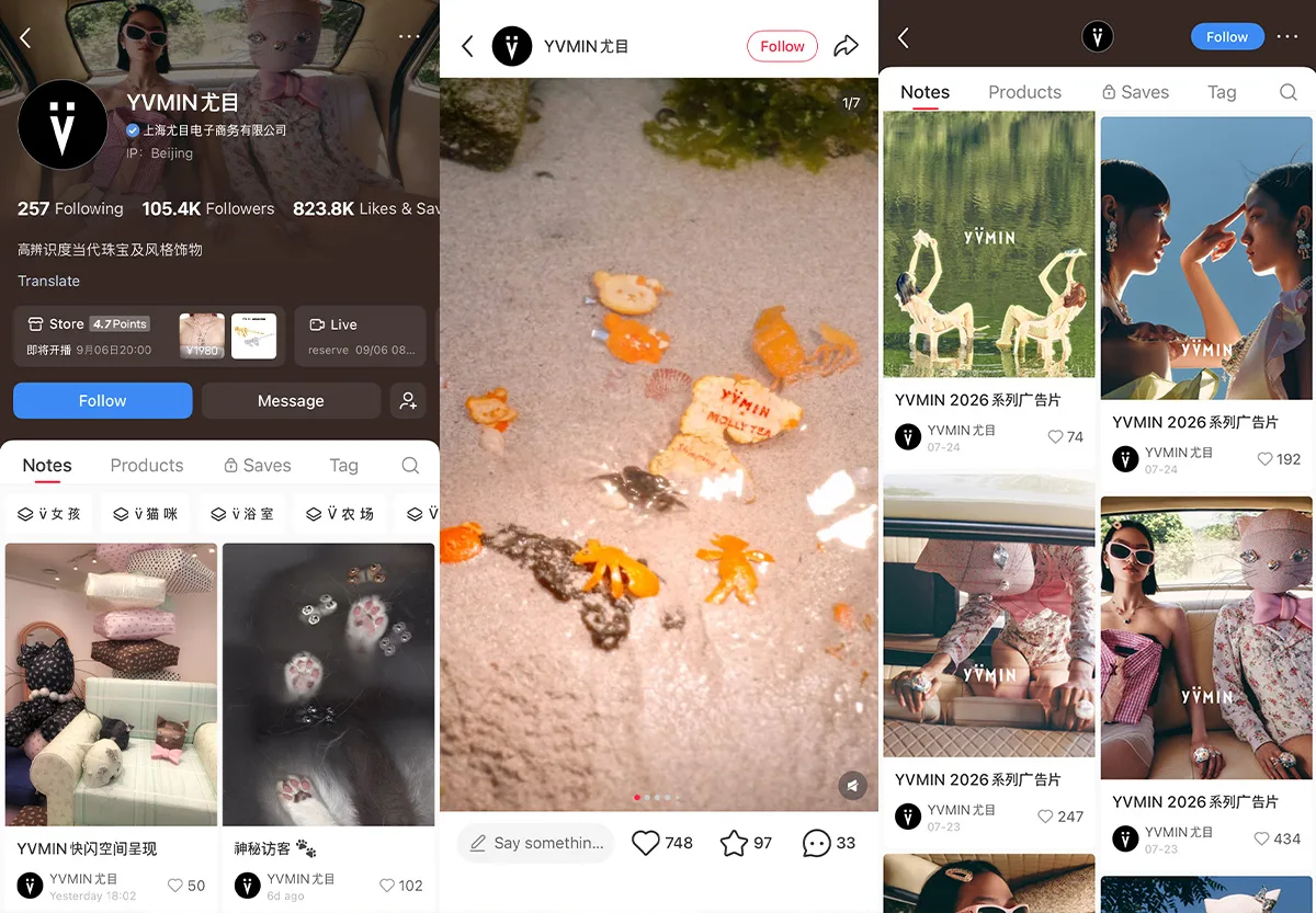 Profilo Xiaohongshu di Yvmin con moodboard visivi, campagne 2026 e accessori su sabbia.