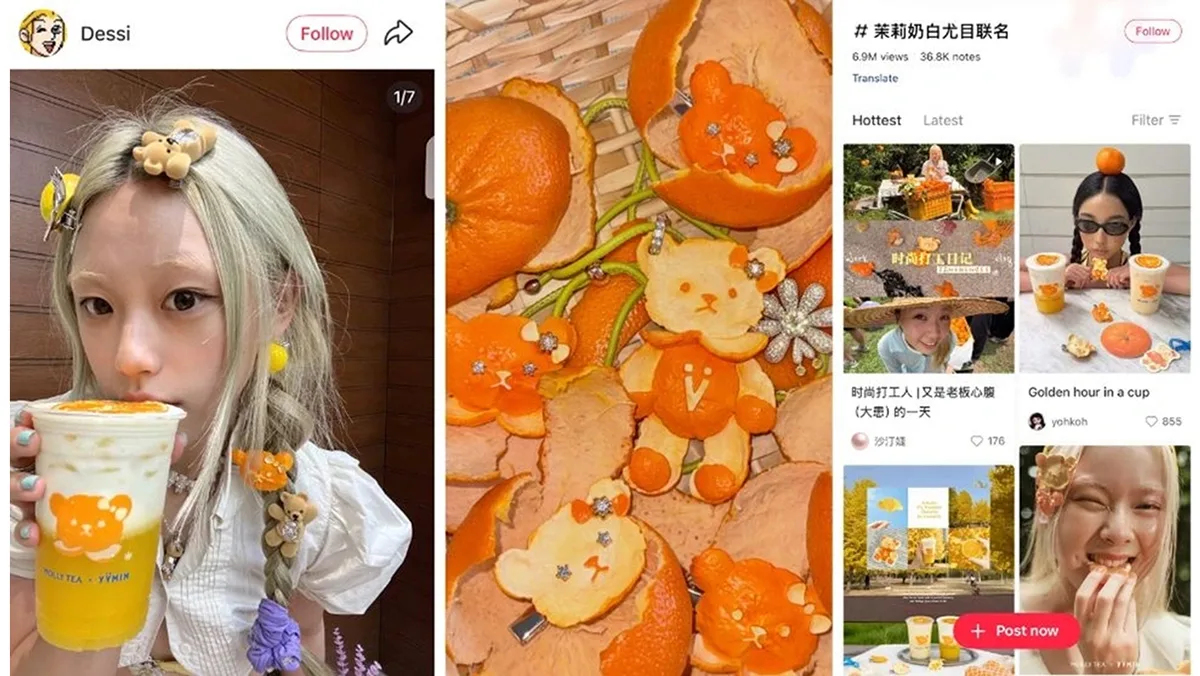 Post Xiaohongshu della collaborazione Yvmin x Molly Tea con accessori orsetto e ciondoli di buccia d'arancia.