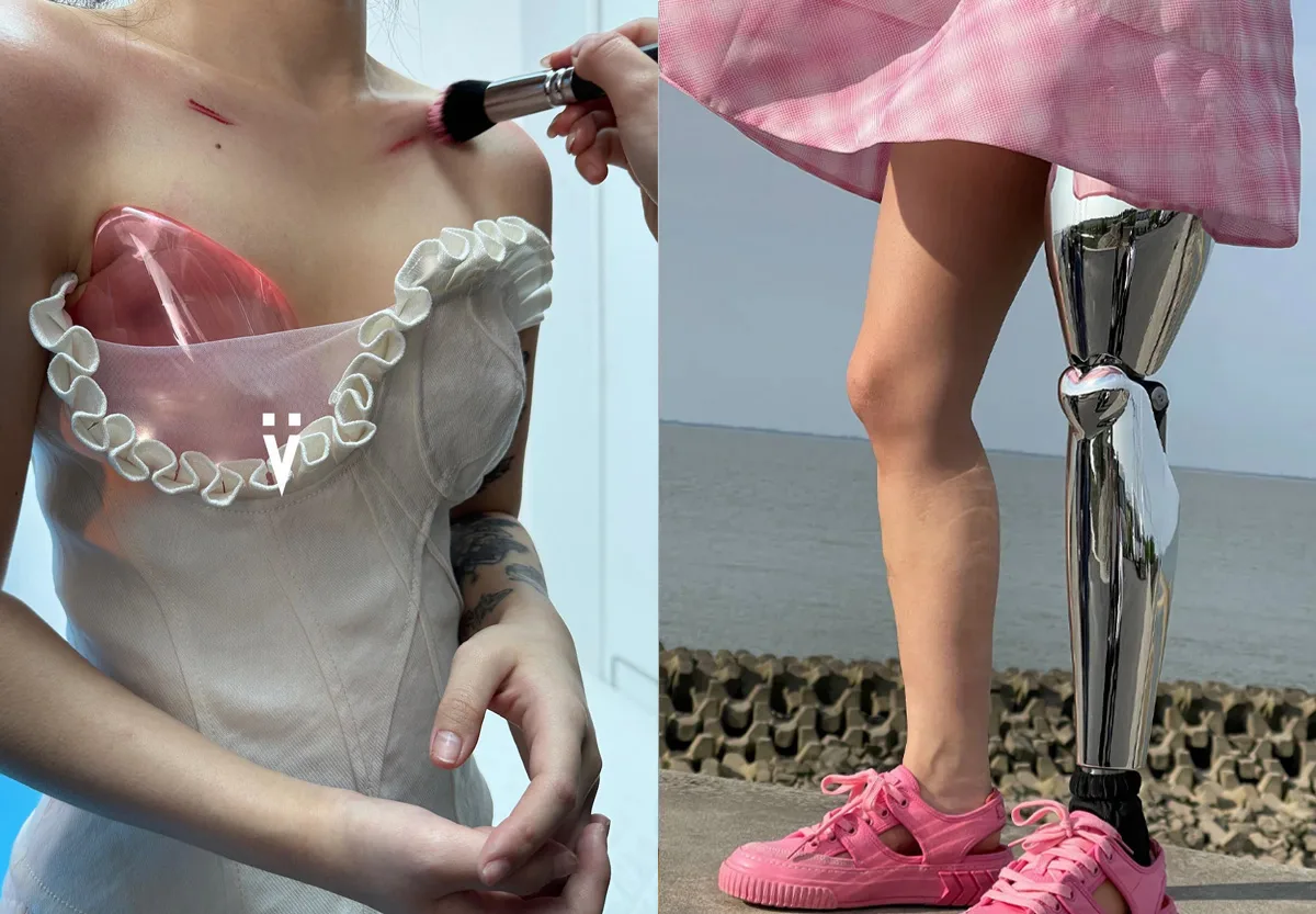 Reggiseno protesico in resina rosa per Xuan Zai e protesi da gamba metallica con cuore per Xiao Yang di Yvmin.