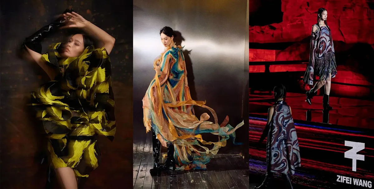 Tre look Zifei Wang con abito scultoreo giallo, mantello fluido colorato e modelle in passerella con vestiti a motivi fluidi.