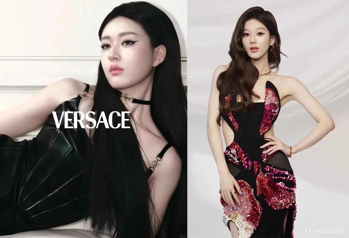 Zhao Lusi in due scatti pubblicitari: a sinistra per Versace in abito nero, a destra per Chow Tai Fook in abito con paillettes.