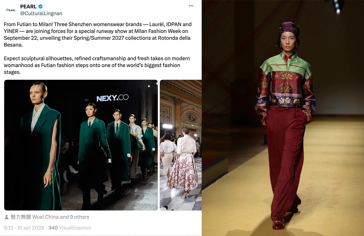Post X sui brand cinesi a Milano Fashion Week affiancato da una modella in passerella con giacca ricamata e pantaloni rossi.