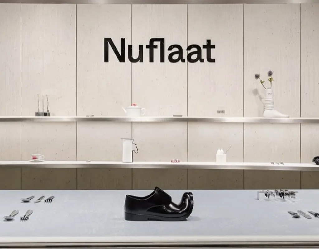 Tavolo espositivo Nuflaat con portaposate a forma di scarpa al centro, posate ai lati e scaffali con oggetti in ceramica.