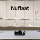 Tavolo espositivo Nuflaat con portaposate a forma di scarpa al centro, posate ai lati e scaffali con oggetti in ceramica.