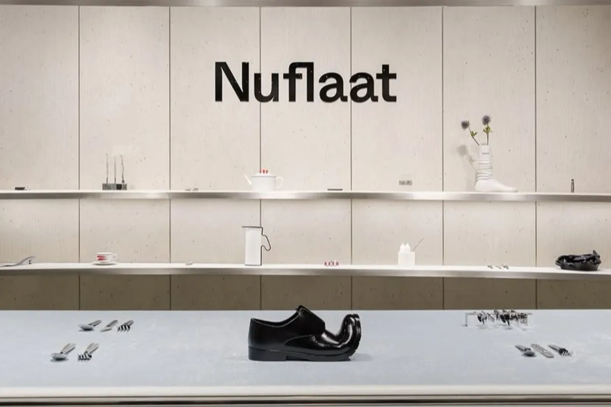 Tavolo espositivo Nuflaat con portaposate a forma di scarpa al centro, posate ai lati e scaffali con oggetti in ceramica.