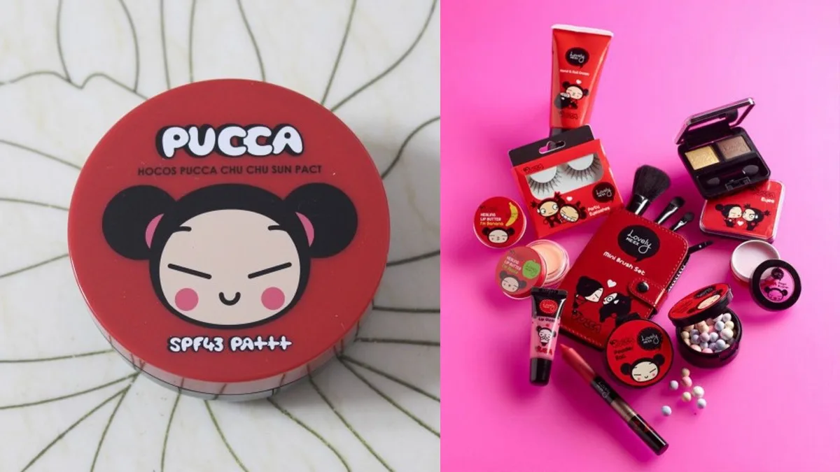 Solare compatto e collezione di make up e pennelli rossi con il personaggio di Pucca per la cosmetica coreana