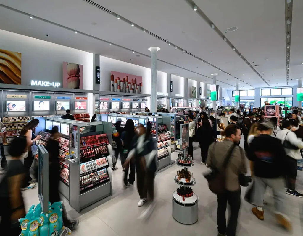Persone tra gli scaffali di cosmesi e make-up in uno store di bellezza K-Beauty Olive Young affollato a Pasadena.
