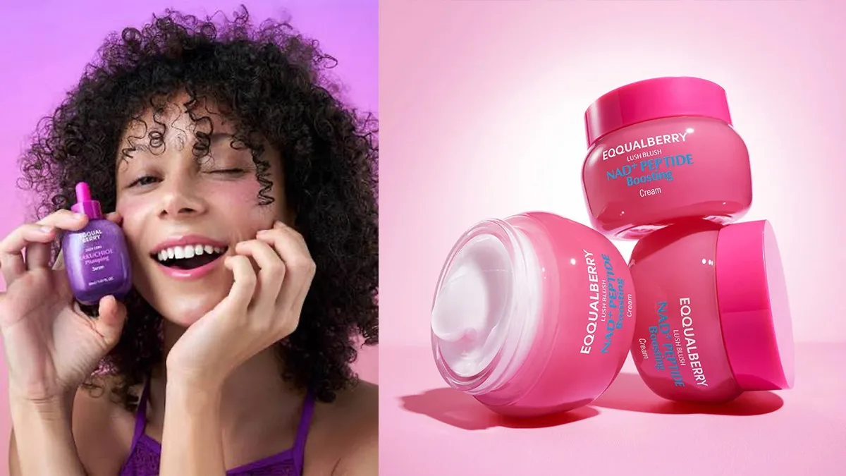 Eqqualberry brand K-Beauty per l'export e la crescita su Amazon e TikTok Shop Donna con siero Eqqualberry viola e tre vasetti di crema rosa Lush Blush NAD+ Peptide su sfondo fucsia