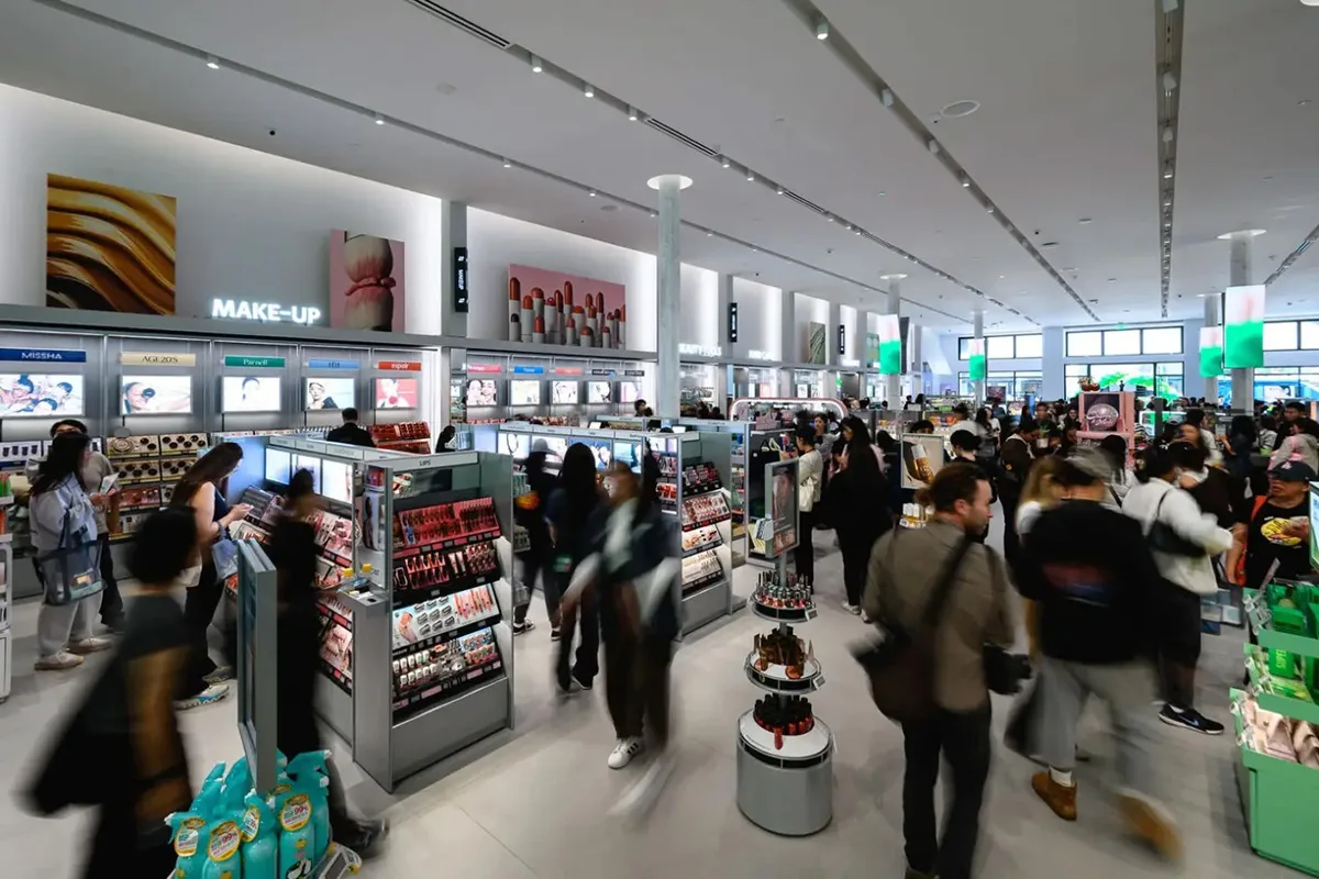 Persone tra gli scaffali di cosmesi e make-up in uno store di bellezza K-Beauty Olive Young affollato a Pasadena.